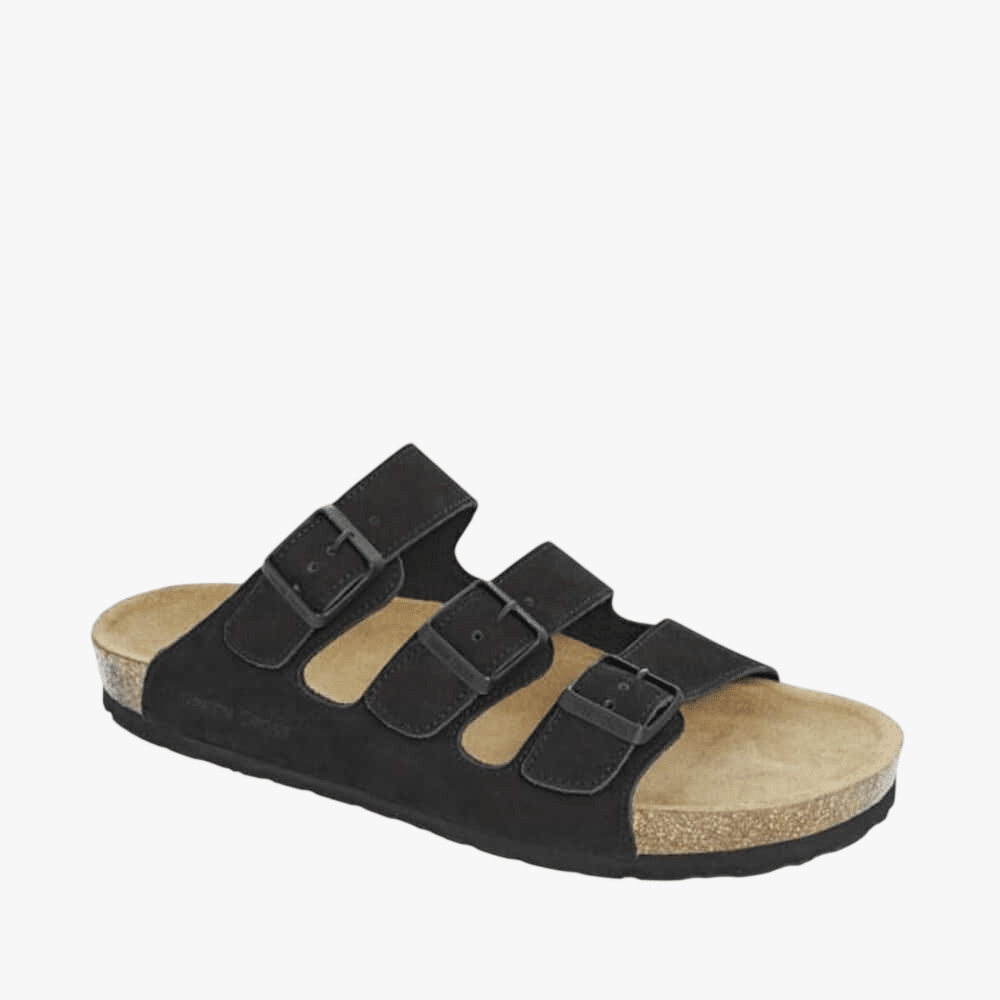Green Cross Mens Flat 3 Strap Buckle Sandal Black | Green Cross