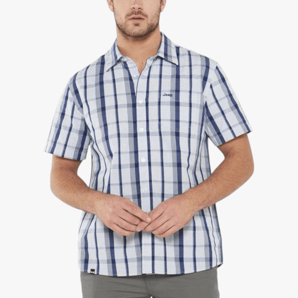 Jeep Mens Casual Check Short Sleeve Shirt Navy White | Jeep