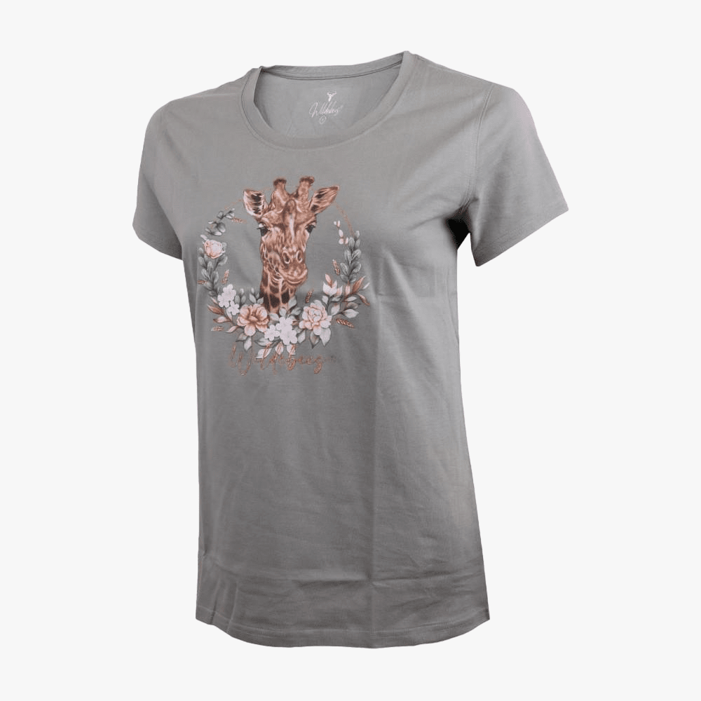 Wildebees Womens Giraffe Wreath Short Sleeve Tee Charcoal Mel | Wildebees