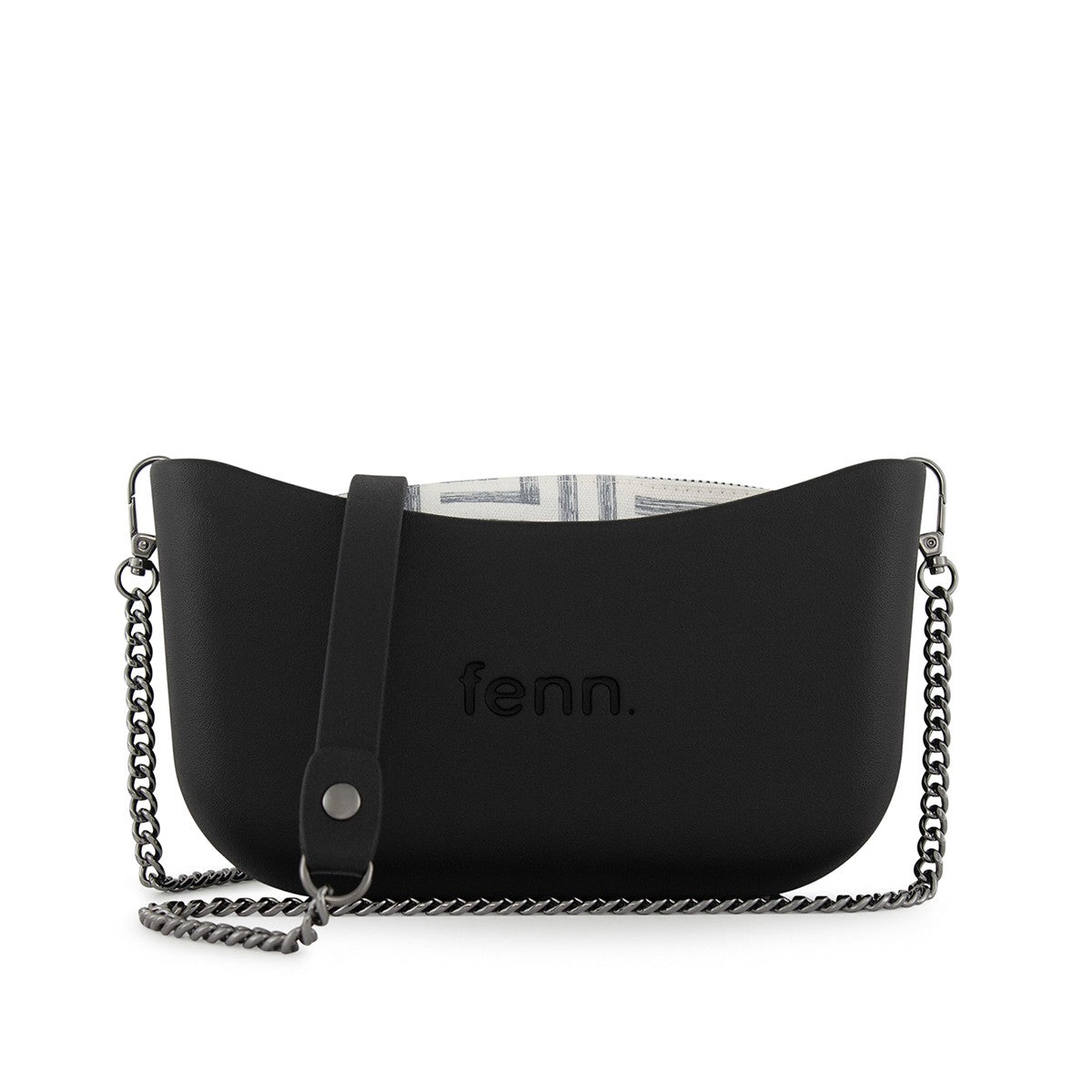 Fenn Classic Handbag -Black-Pattern Inner-Gun Metal Zip-Chain Strap