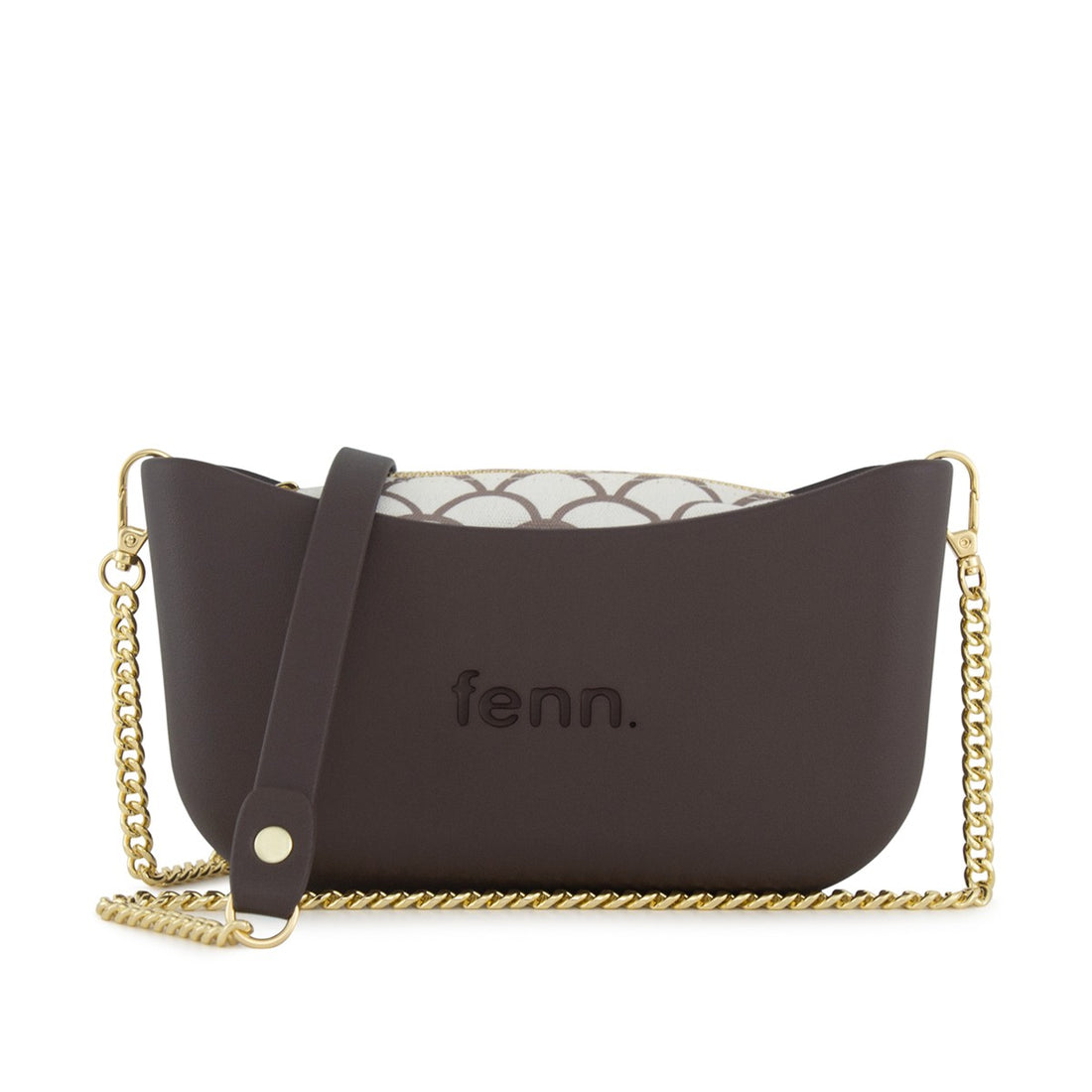 Fenn Classic Handbag Chocolate-Pattern Inner-Gold Zip-Chain Handle