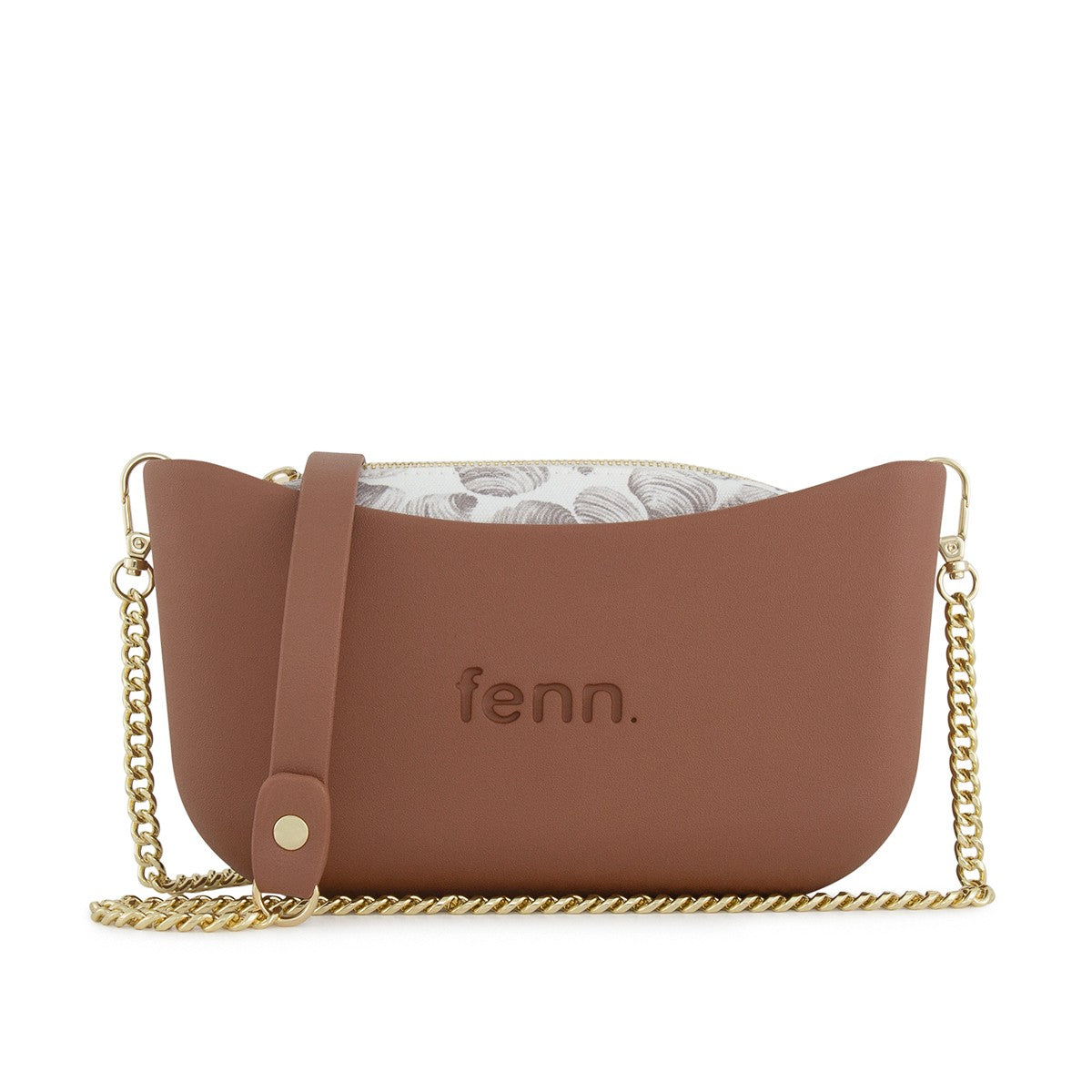 Fenn Classic Handbag Tan– Pattern Inner– Gold Zip – Chain Strap