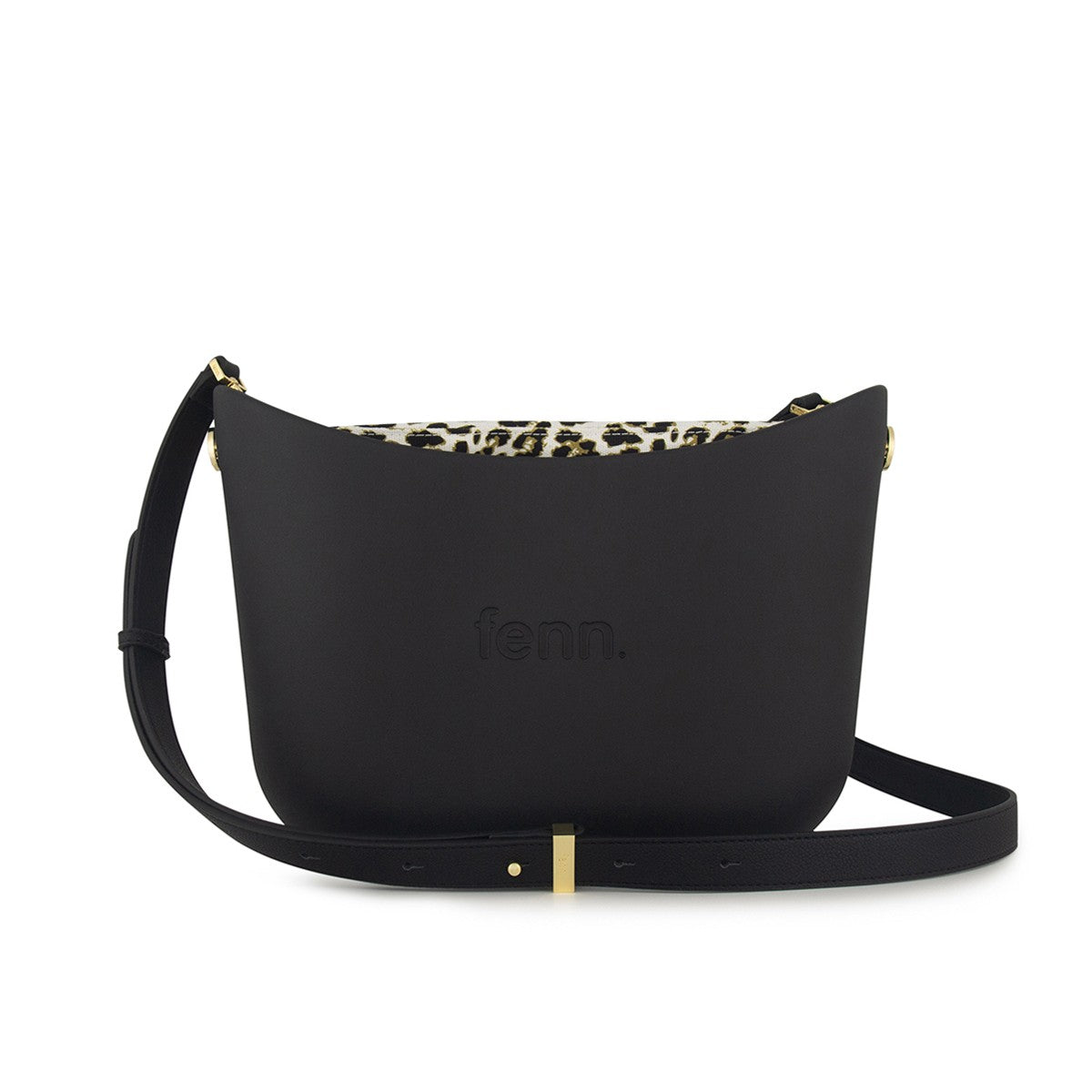 Fenn Messenger Bag-Black-Pattern Inner-Gold Zip-Adjustable Faux Leather Strap