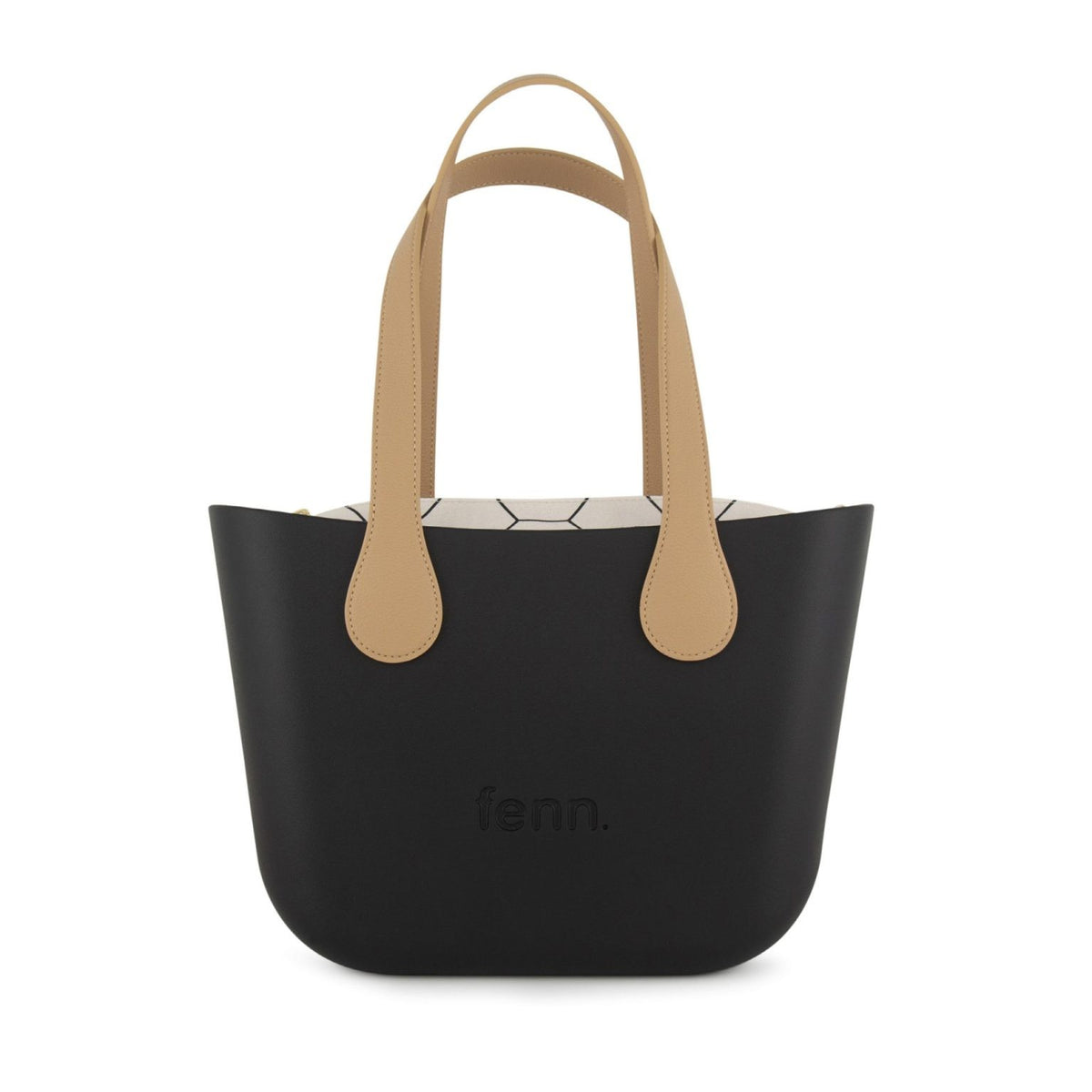 Fenn Petite Handbag Black-Pattern Inner-Gold Zip-Light Tan Flat Handles