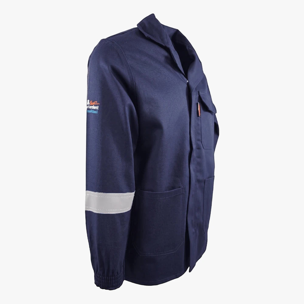 Navy Fmt D59 Flame and Acid Jacket, viewed from the side, featuring a reflective strip on the sleeve and multiple utility
