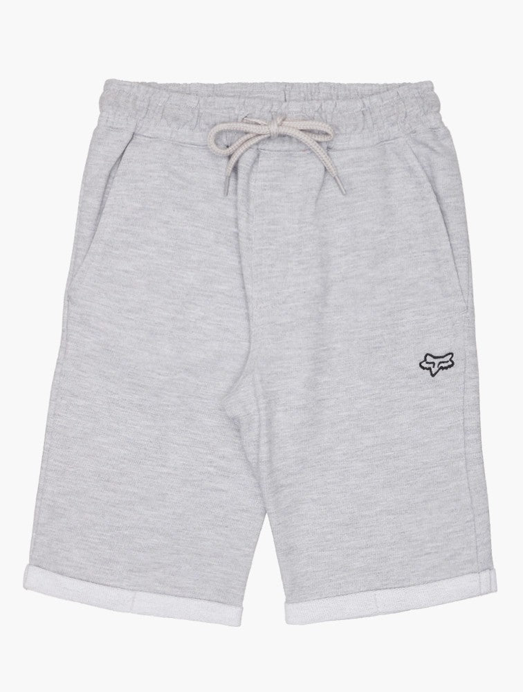 Fox boys legacy fleece shorts in heather grey with a drawstring waist and rolled cuffs, small fox logo on the left leg