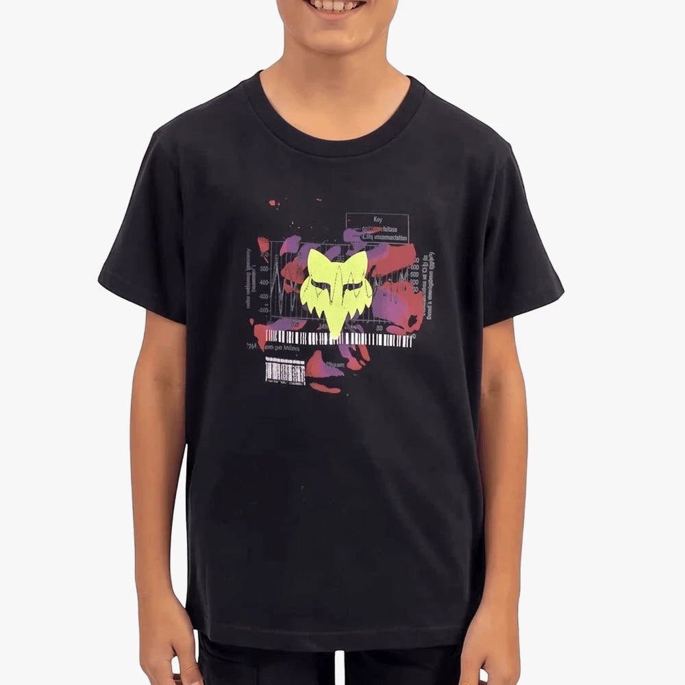 Black Fox Boys New Energy Short Sleeve Tee featuring a neon yellow fox head graphic, worn by a child on a light background.