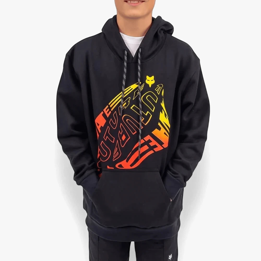 Fox Boys Pullover Hoody in black with an orange and yellow gradient FUTURE logo, worn by a boy with hands in the front