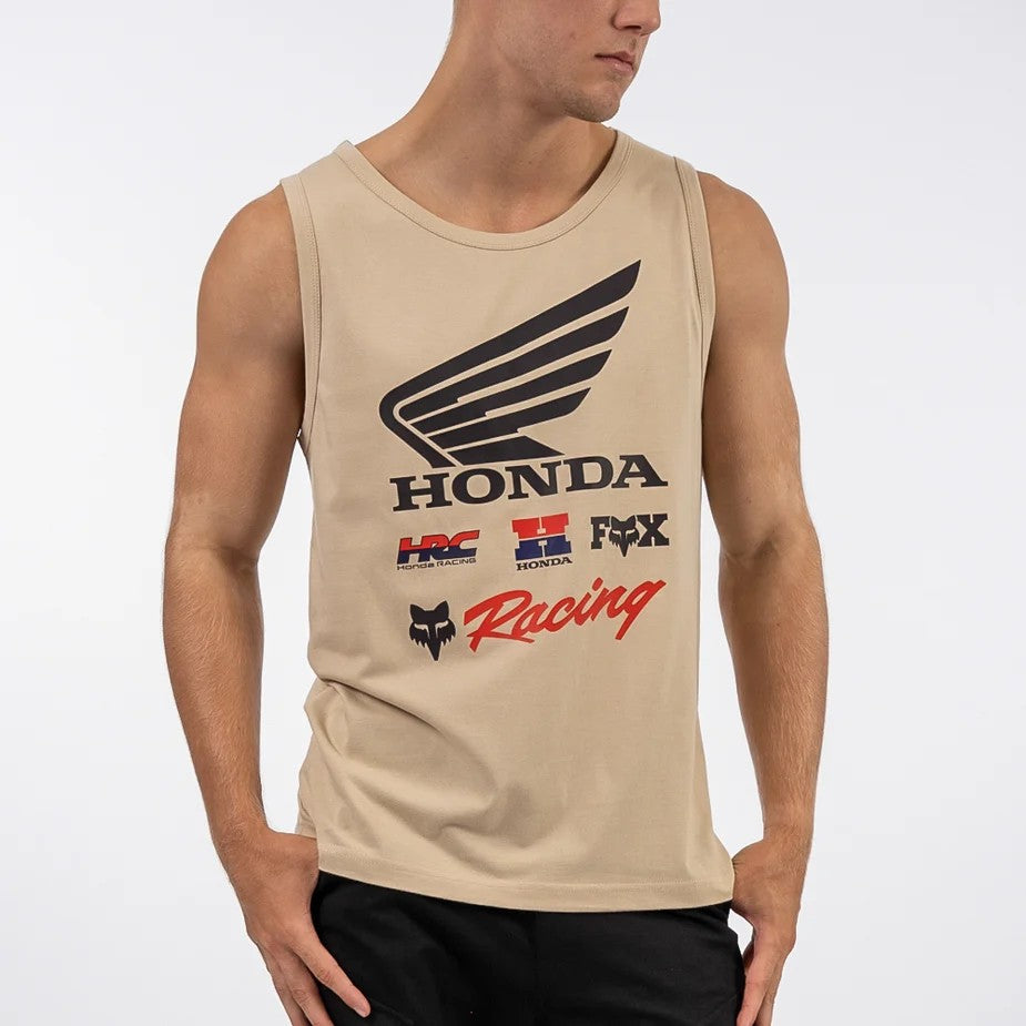 fox mens Honda tank gravel sleeveless beige top with large winged Honda logo and racing graphics