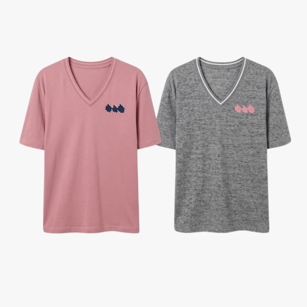 Two Fox Womens Wayfaring Short Sleeve Tees, one heather grey and one pink, featuring V-neck and chest embroidery.