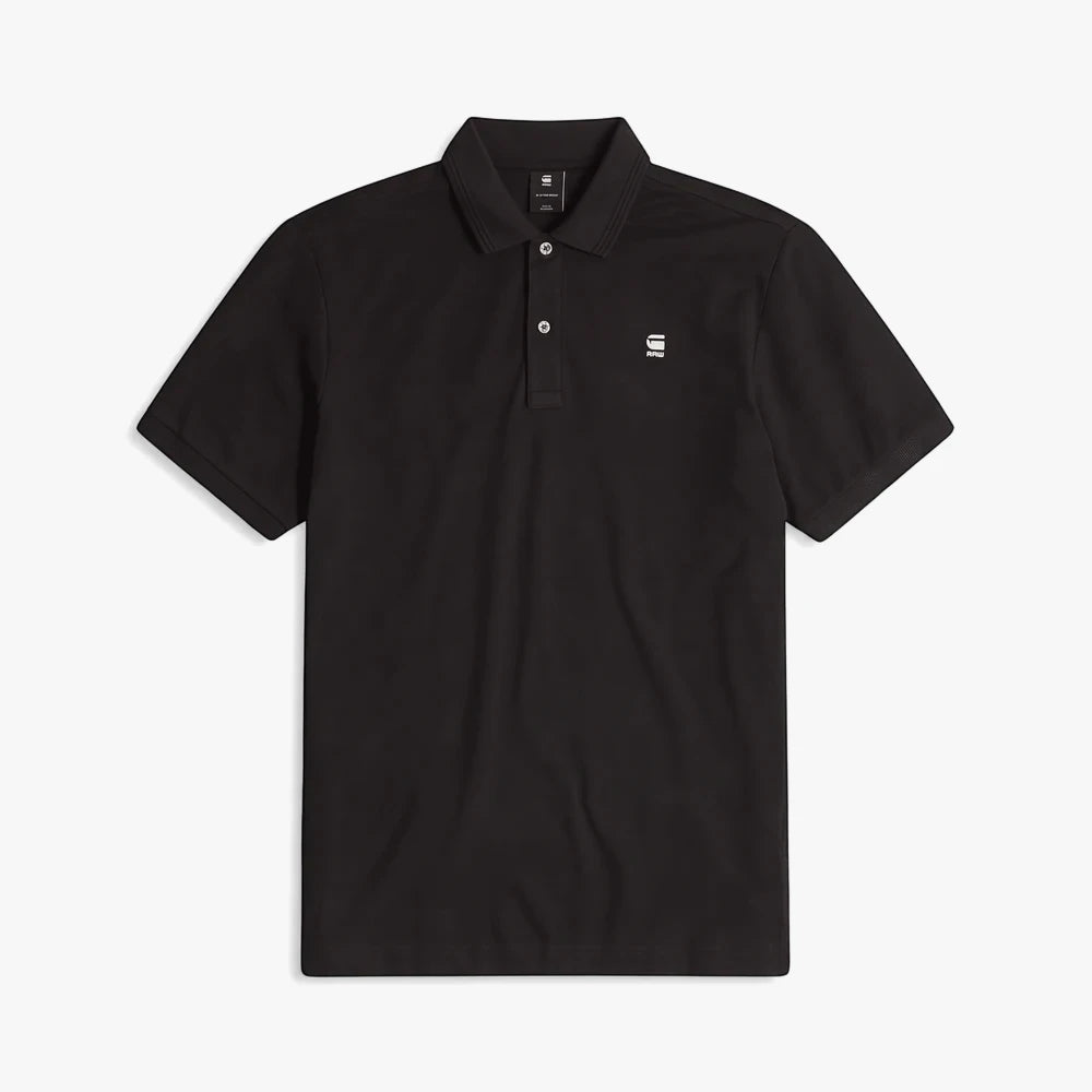 G-Star Mens Daefon Golfer Short Sleeve Black polo shirt with white G-Star RAW logo on chest, shown folded.