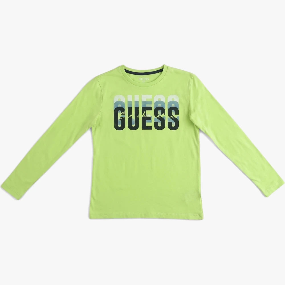 Bright green Guess boys long sleeve tee with a black and faded blue/green logo on the chest, laid flat.