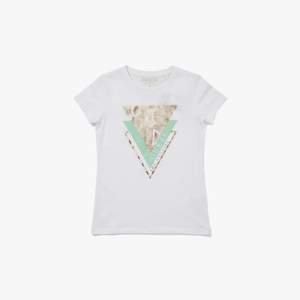True white Guess Girls short sleeve tee featuring a metallic gold and mint green geometric floral logo design and a crew