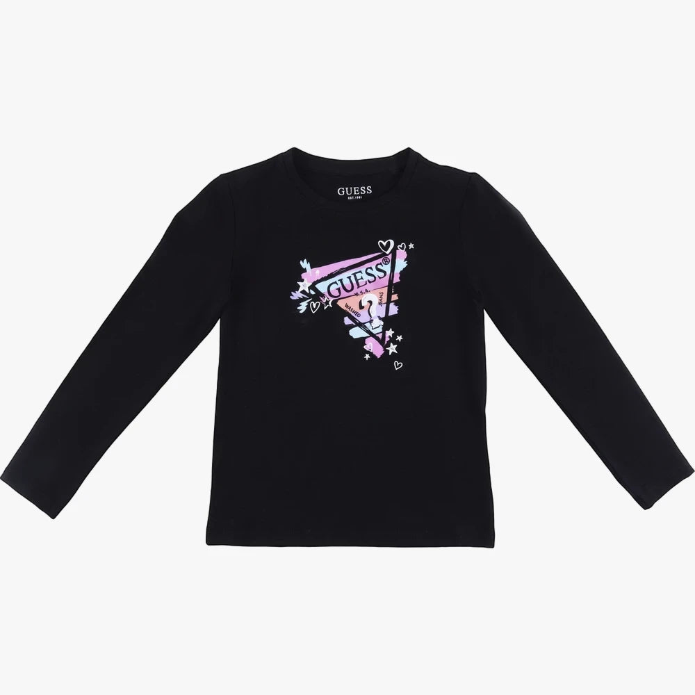 Guess Girls Long Sleeve Tee in black with a pastel geometric graphic on the front, soft cotton fabric for everyday wear.