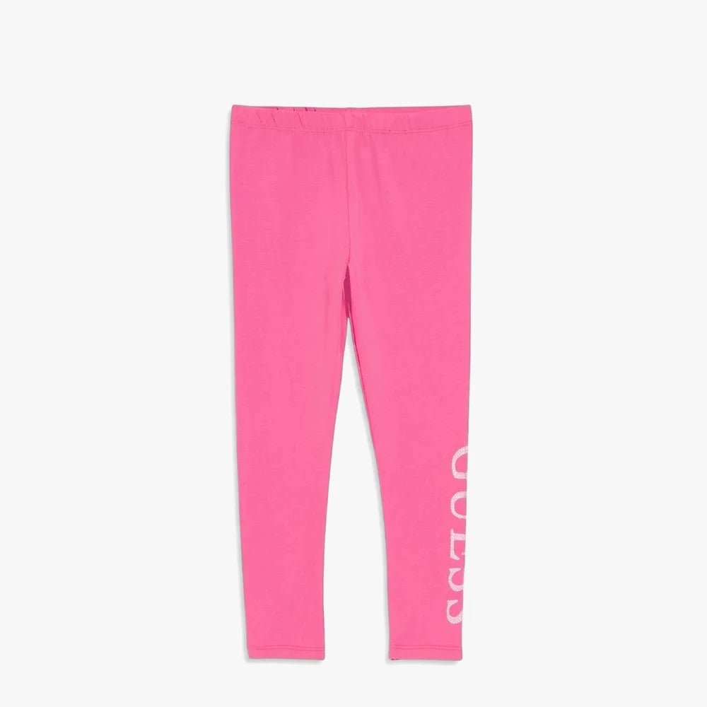 Pink Guess Girls Leggings featuring a white vertical Guess logo on the lower right leg, displayed flat.
