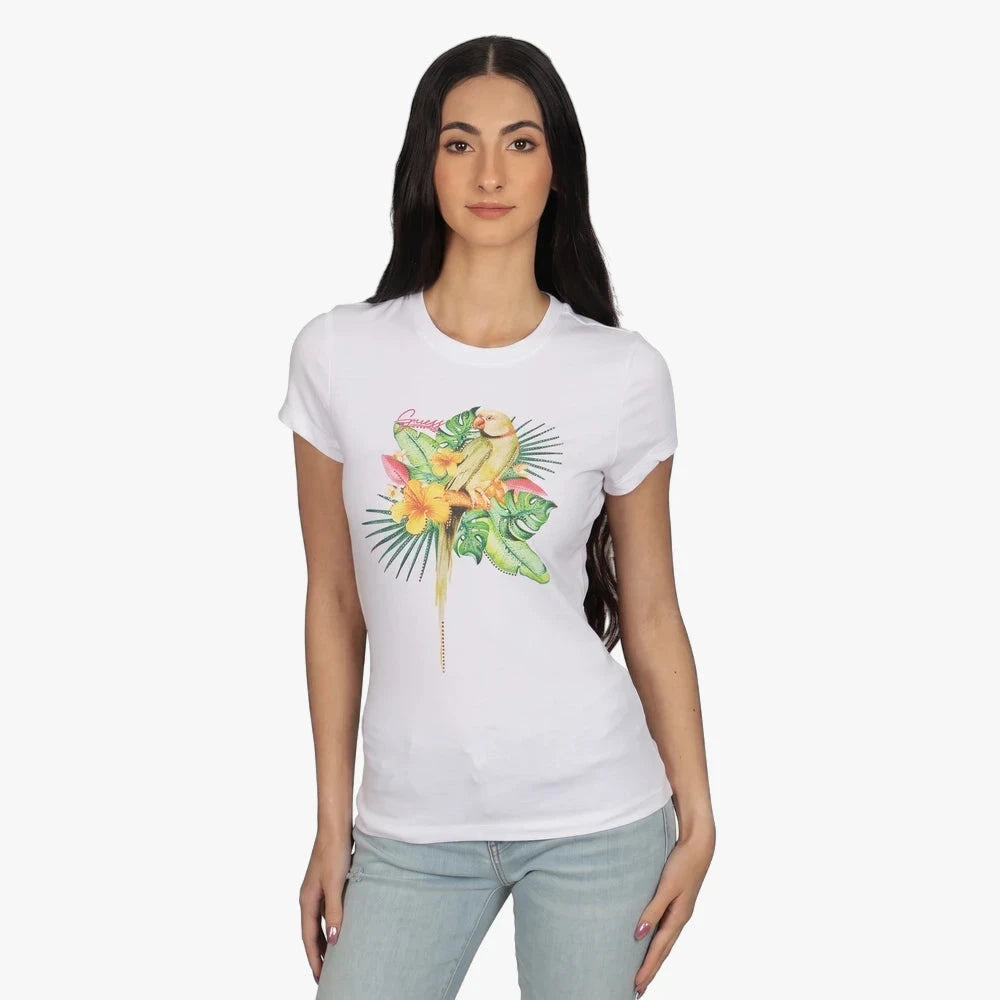 Guess Womens Parrot Rhinestone Tee White | Guess