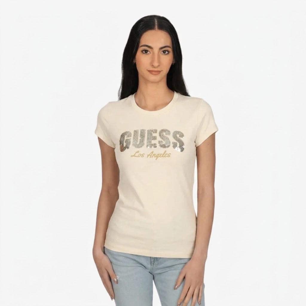 Guess Womens Sequins Top Cream