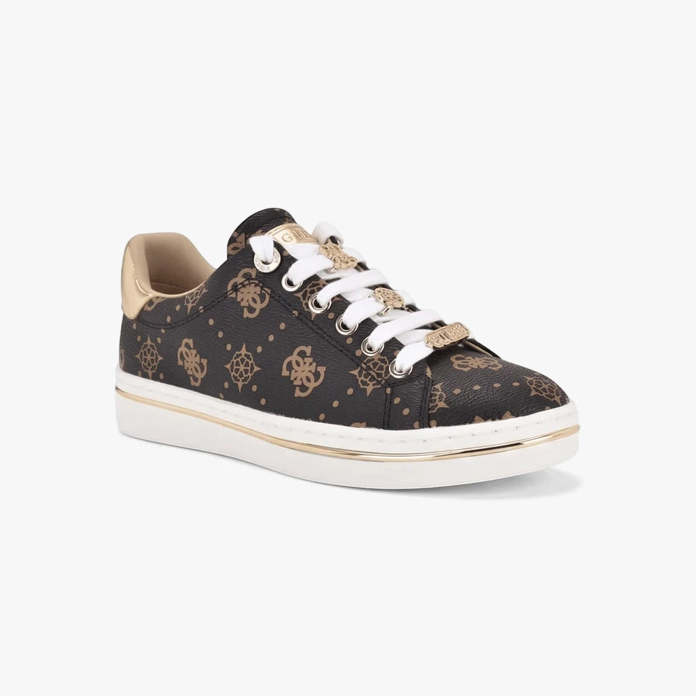 Guess Womens Stasey3 low-top sneaker in black with brown monogram pattern, gold accents, and white sole.