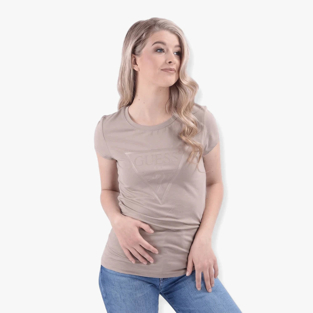 Guess Womens Tr Short Sleeve Tee in beige with embossed logo, lightweight cotton blend, casual fit.