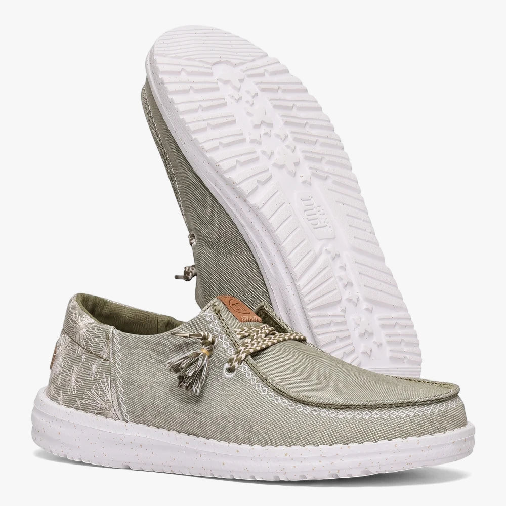 Hey Dude Womens Wendy Funk Embroid Floral Olive casual shoes. Lightweight canvas loafers with white floral embroidery and