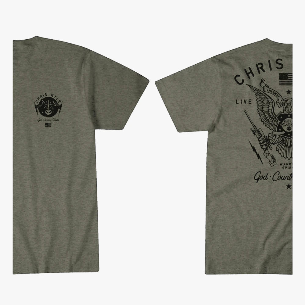 Howziter Mens Ck Warbird Short Sleeve Tee in olive green, displaying both back and front views with detailed graphic prints.