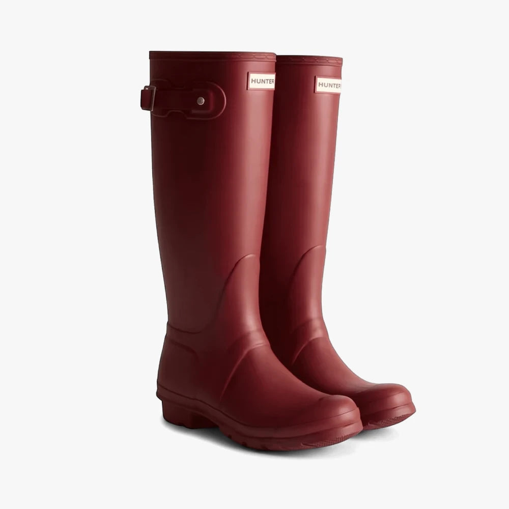 Hunter Womens Original Tall rain boots in merlot, with signature side buckle and front logo.