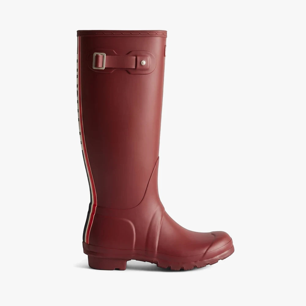Hunter Womens Original Tri Colour Tall Boot in Merlot, featuring a tri-color stripe detail on the back shaft.