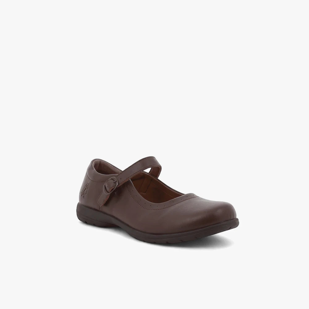 Brown Hush Puppies Girls Scala Mary Jane school shoe with a buckle strap, designed for comfort and durability.