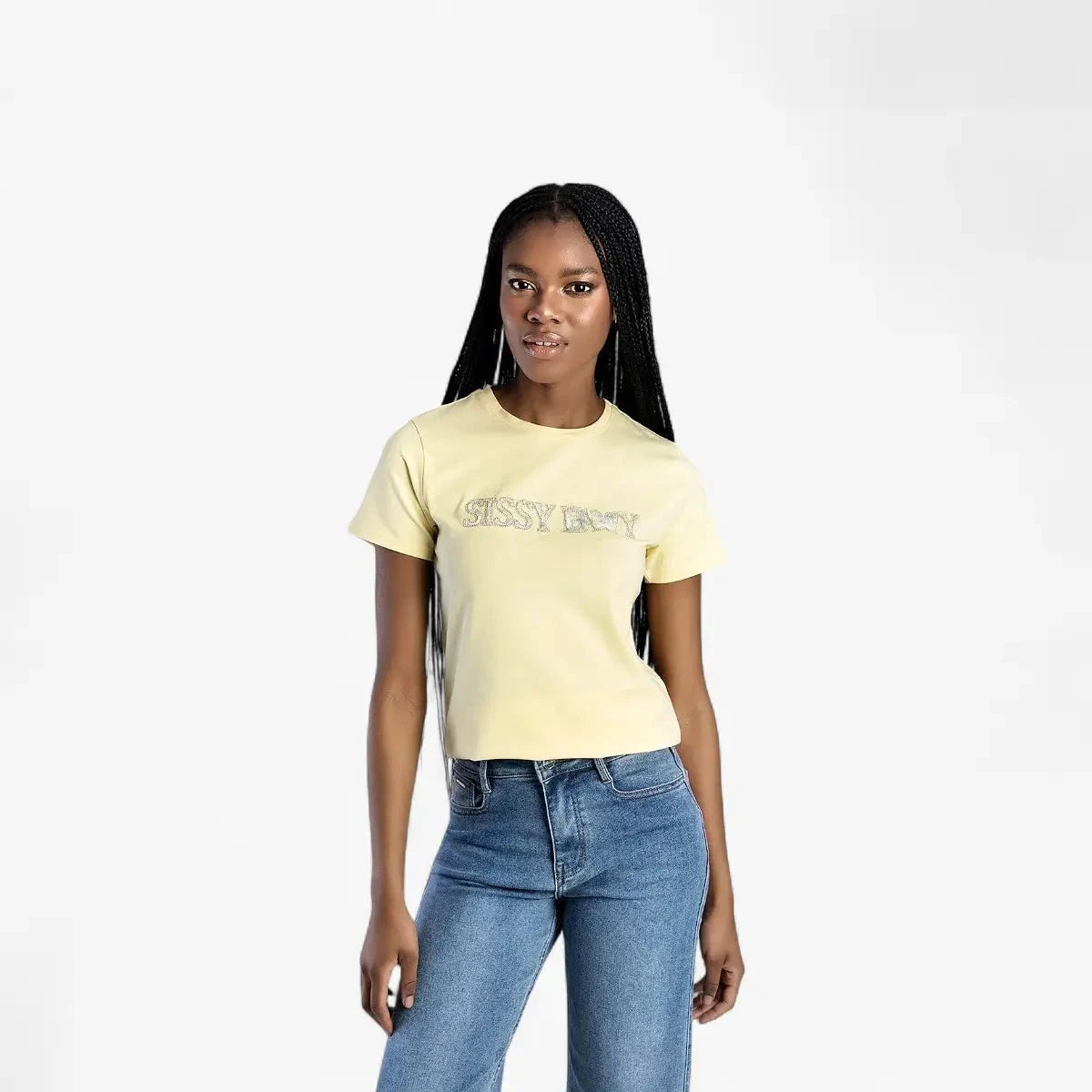 Sissy Boy Womens Flower Embroid Bling Logo Tee Pale Yellow | Sissy Boy