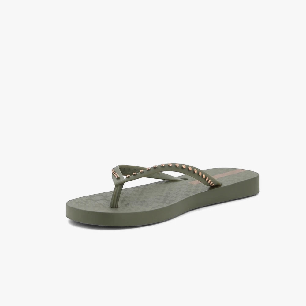 Green Ipanema Womens Essence sandal with bronze studded straps, displayed at an angle.