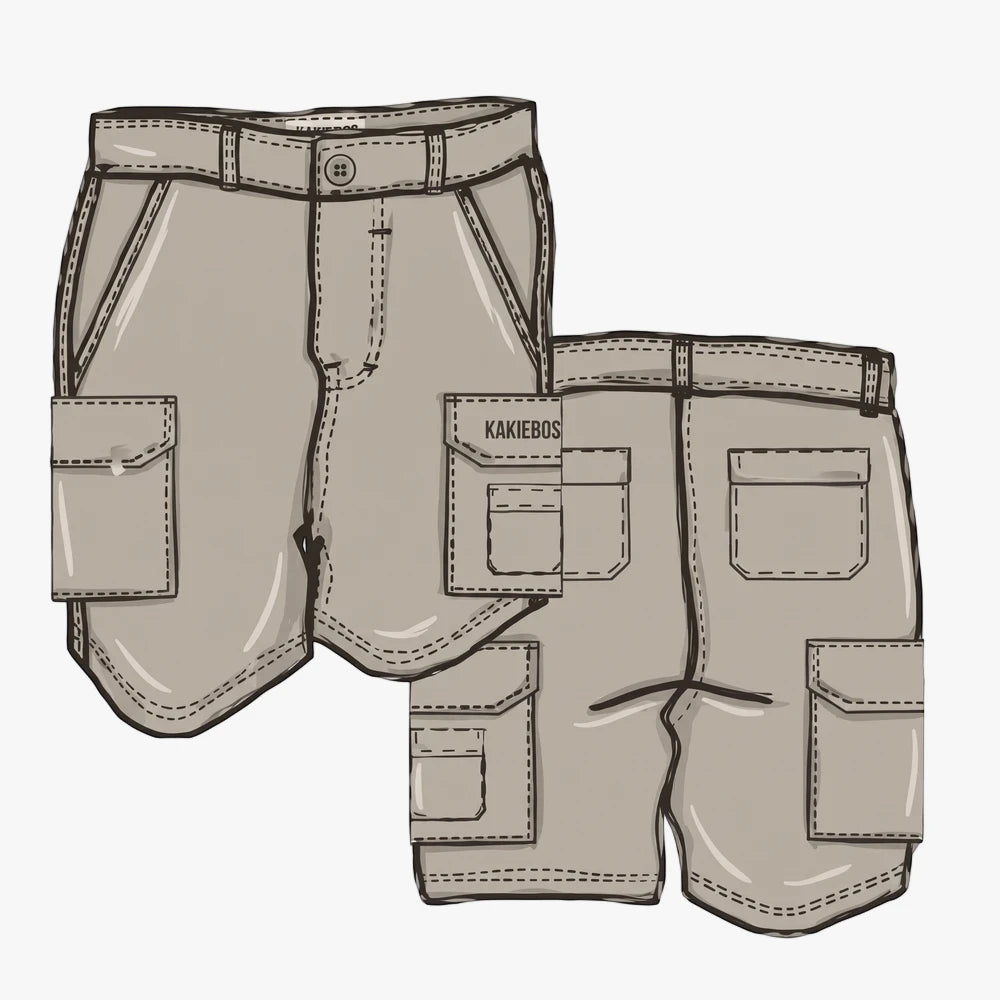 Kakiebos Mens 21Cm Fixed Waist Shorts Khaki technical drawing, showing front and back views with cargo pockets.