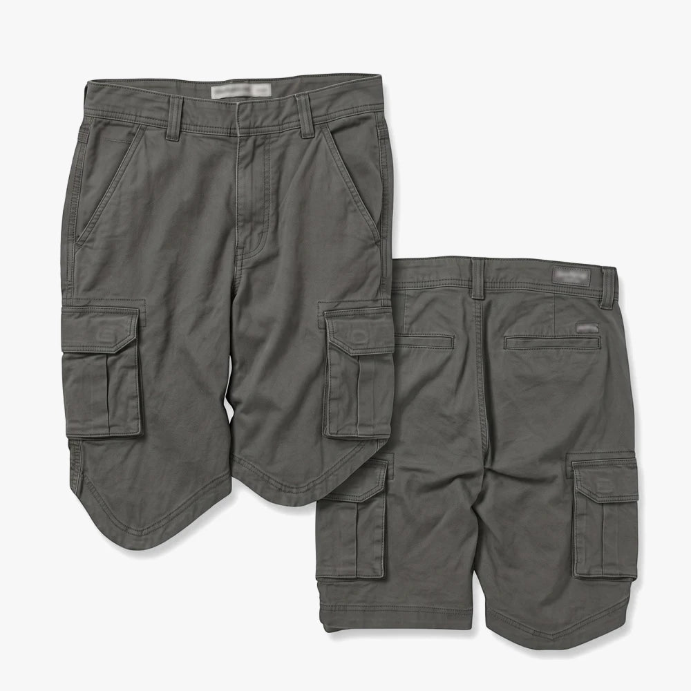 Kakiebos Mens 24Cm Fixed Waist Cargo Shorts in dark gray, shown from front and back view, flat illustration.