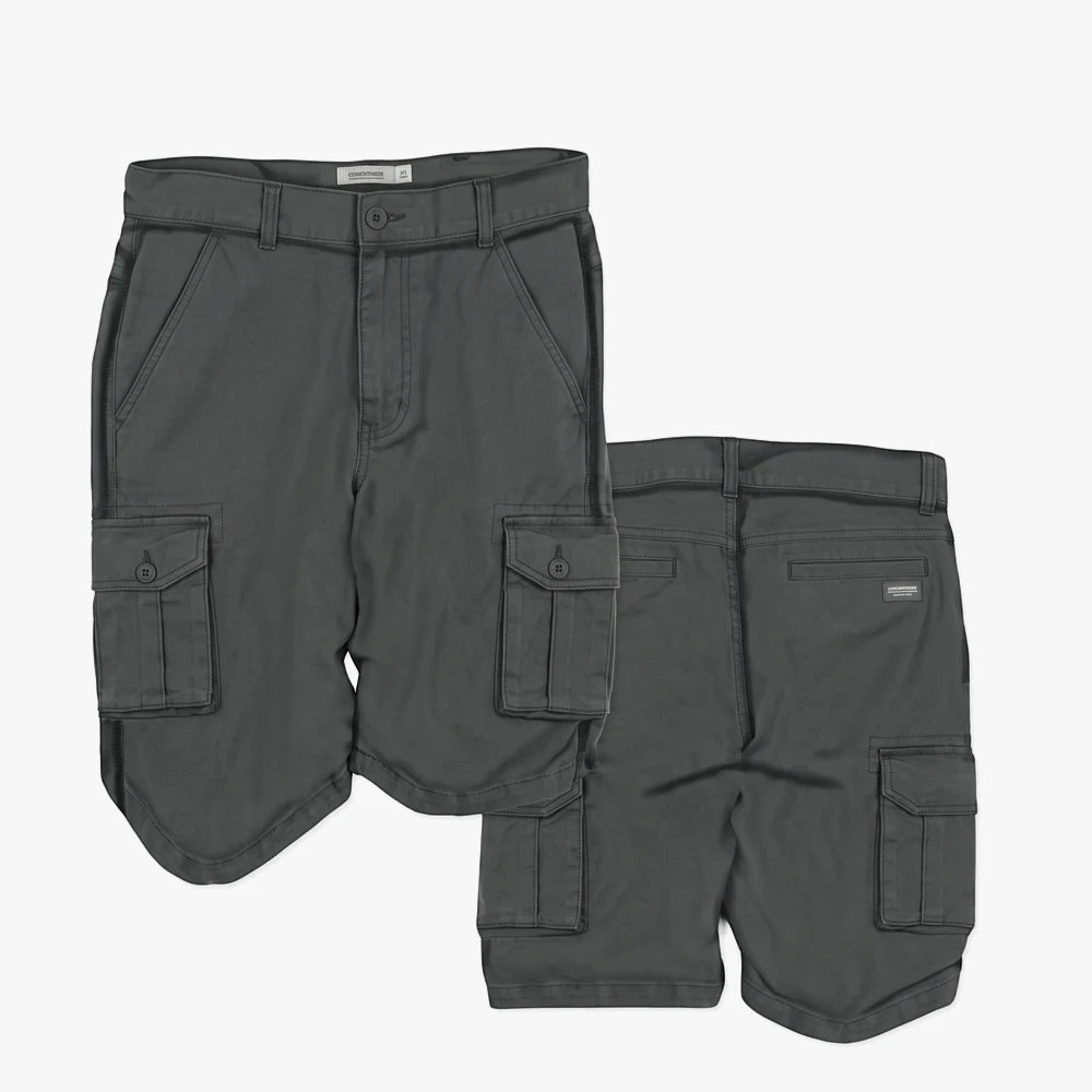 Two Kakiebos Mens 24Cm Fixed Waist Shorts in dark grey, featuring cargo pockets, displayed in front and back views.