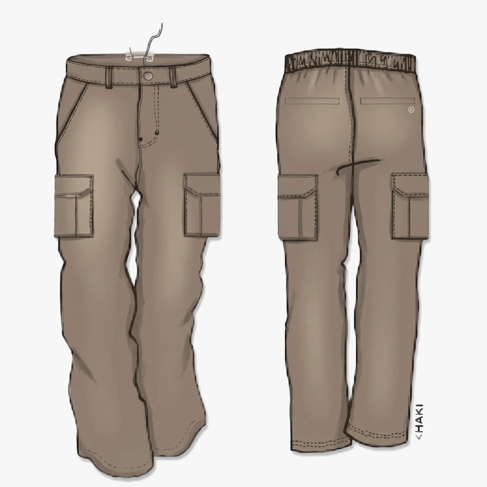 Kakiebos Mens Half Elasticated Cargo Pants in khaki, shown in a flat-lay featuring front and back views with cargo pockets.