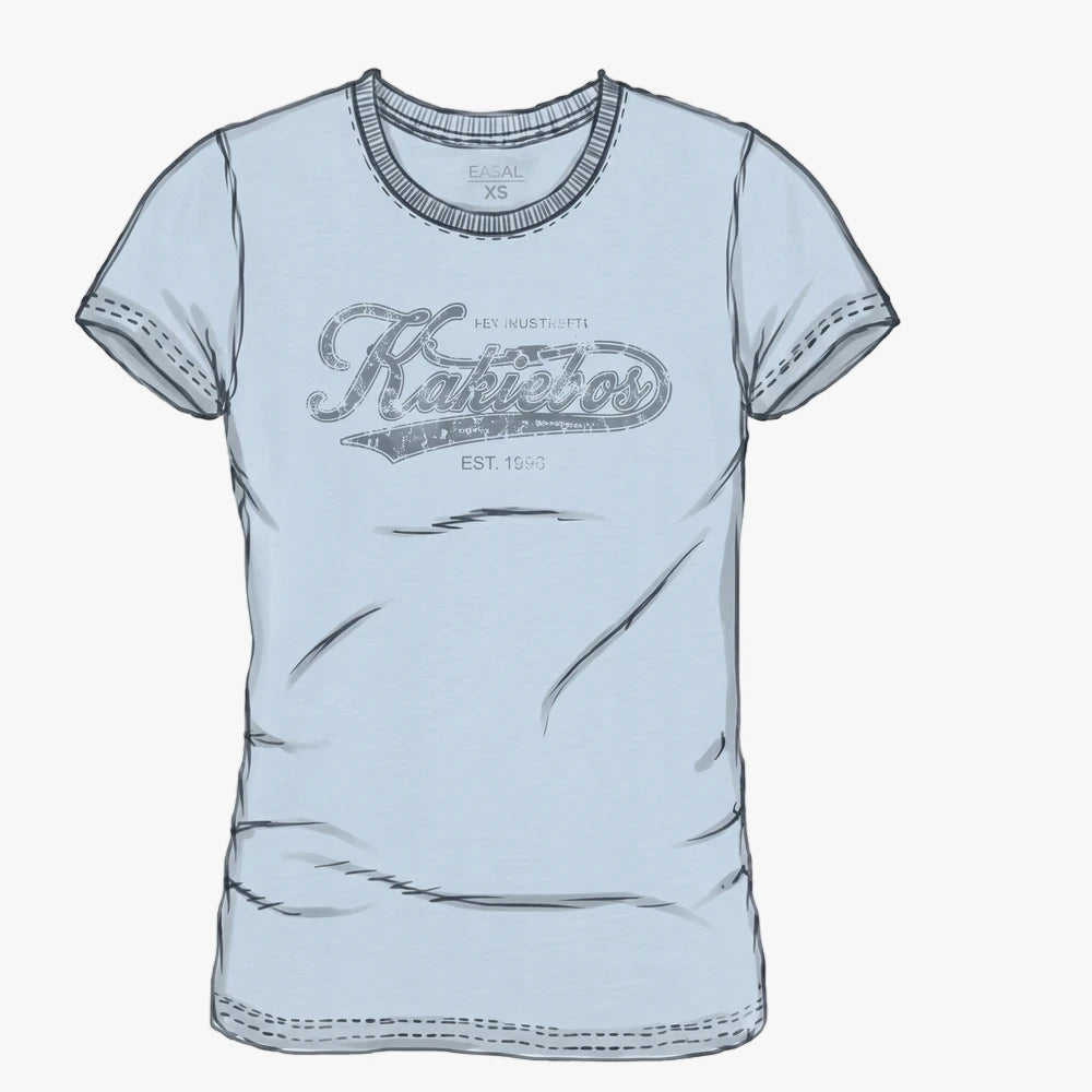 Kakiebos Womens Classic Fit Short Sleeve Tee in Bliss Blue with a crew neck and front script logo.