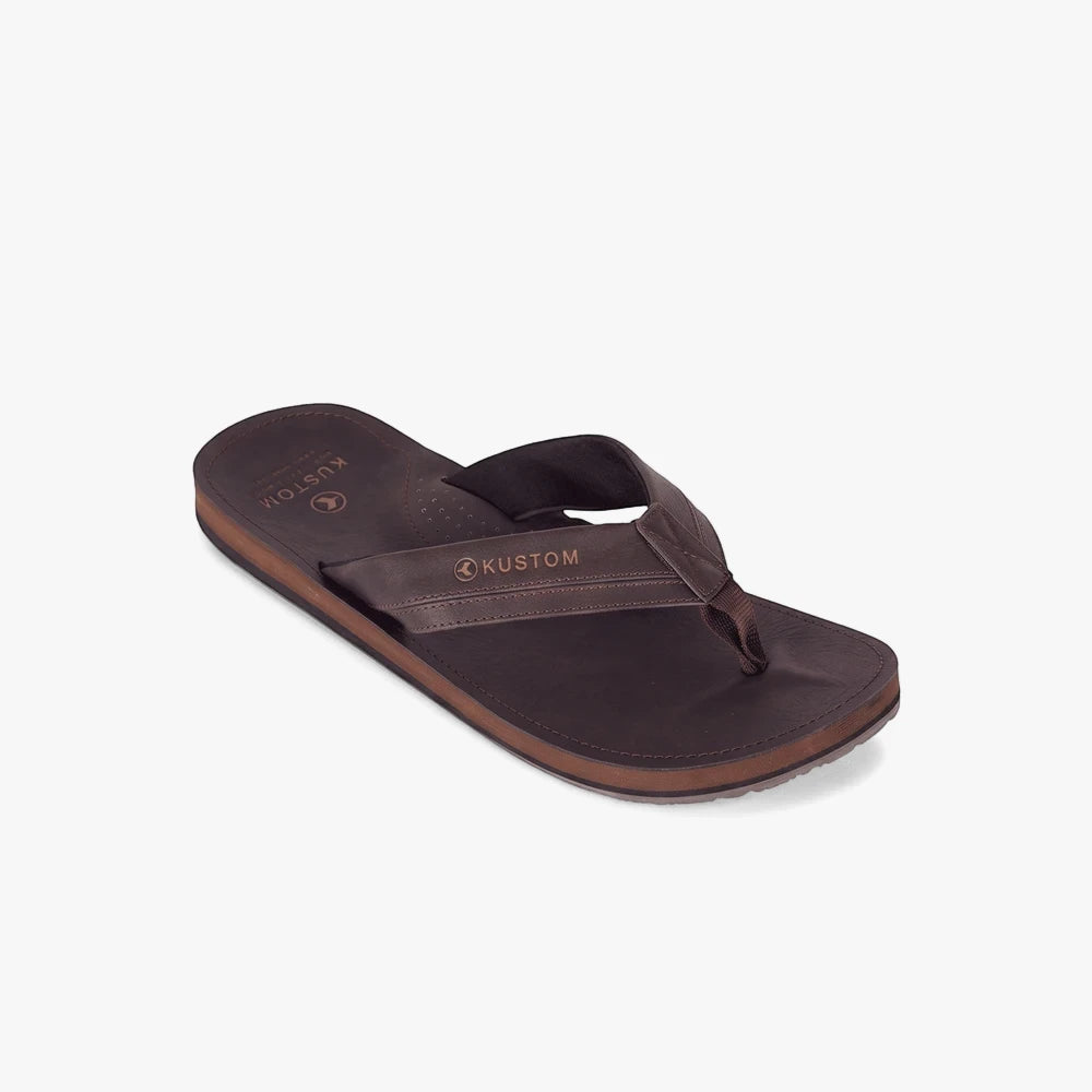 Kustom Mens Vego 2 Sandal in chocolate brown leather, shown at an angle, featuring branding on the strap and footbed.
