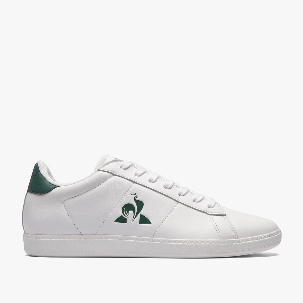 Le Coq Sportif Mens Courtset 2 sneaker in optical white with trekking green accents, featuring the brand&