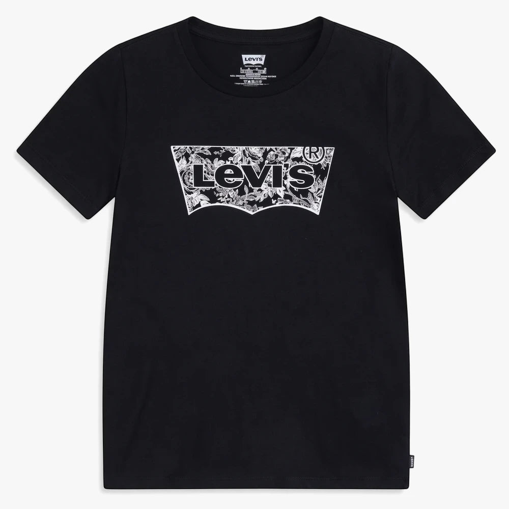 Levis Girls Floral Batwing Tee in black, featuring a white floral-patterned Batwing logo on the front of a short-sleeve