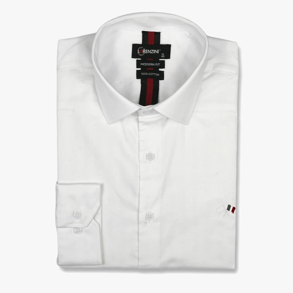 A white Lorenzini Modern Classic Slim Fit long sleeve 100% cotton shirt, neatly folded and displayed flat.