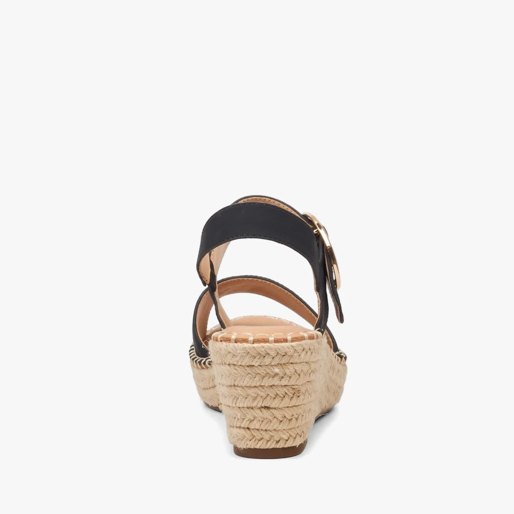 Miss Black Jayda 9 black wedge sandal with espadrille sole, shown from the back view, featuring a gold buckle.