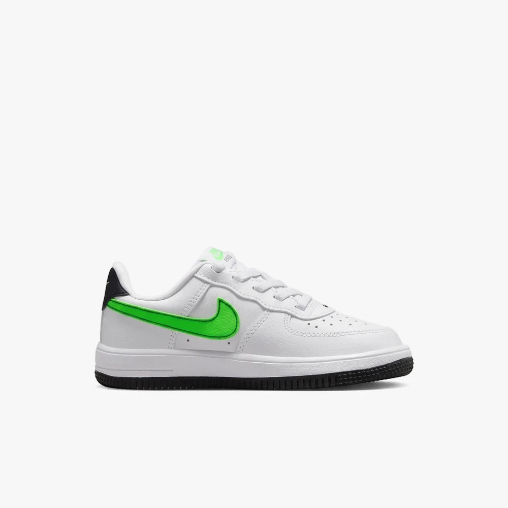 White and green Nike Boys Force 1 Low Easy On sneaker, featuring a vibrant green swoosh and black accents, presented in a
