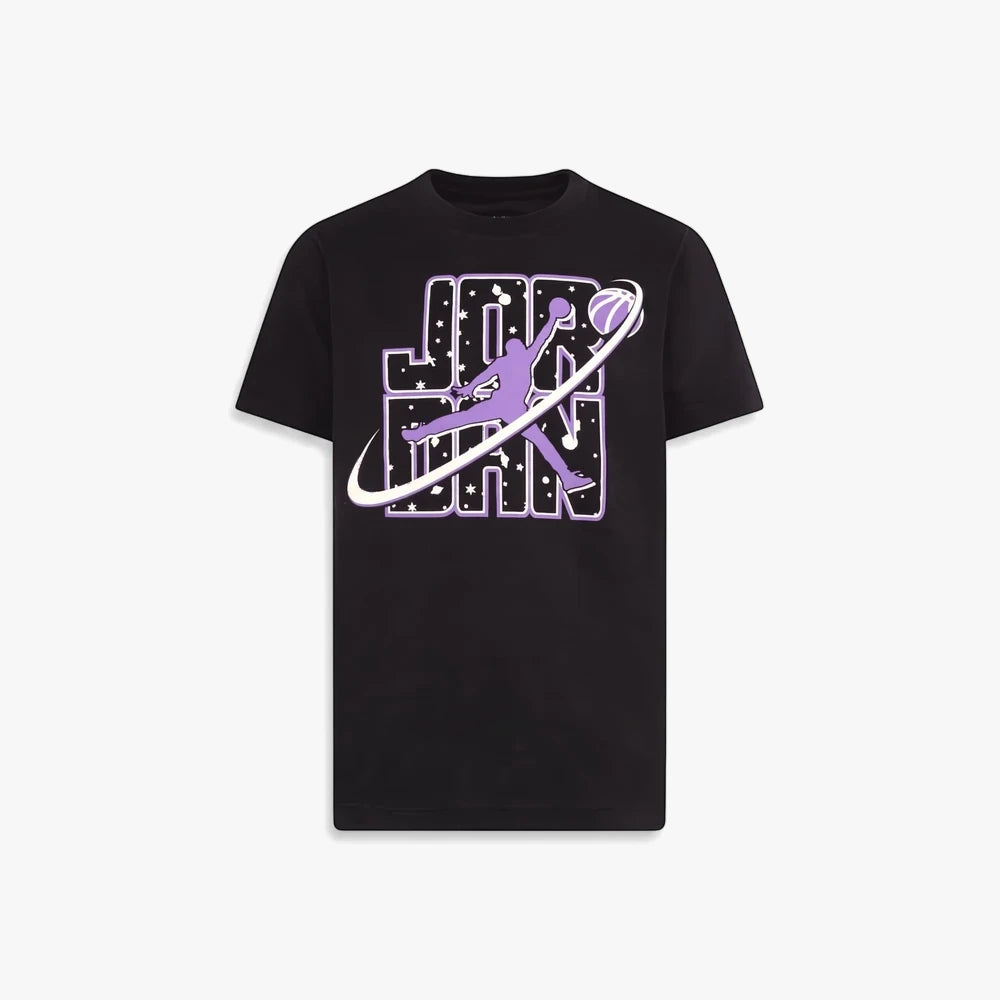 Black Nike Boys Jdb Flight Galaxy Glow short-sleeve tee with purple and white Jumpman graphic on front.