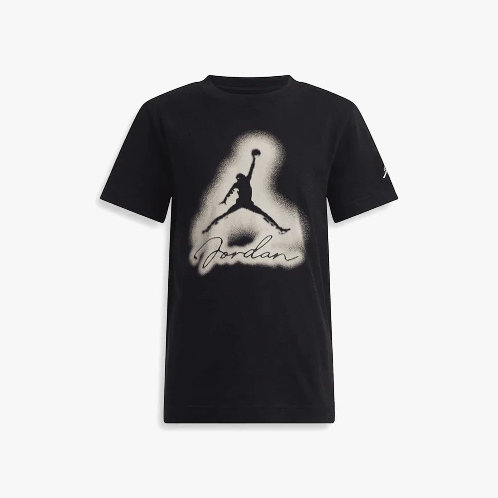 Black Nike Boys Jdb Mvp Airbrushed Jordan short sleeve tee with a white airbrushed Jumpman logo and Jordan text graphic.