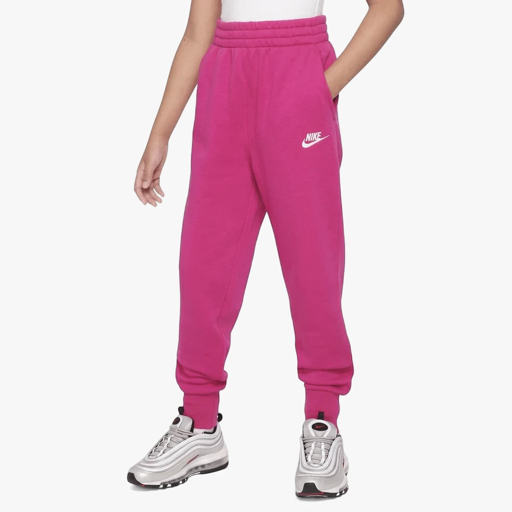 Nike Girls Court Club Pants in vibrant pink, featuring a comfortable fleece fit and white Nike swoosh logo, paired with