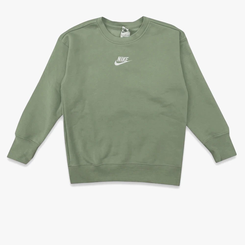A green Nike girls long sleeve sweater, featuring a white Nike logo on the chest and ribbed cuffs and hem, displayed flat.
