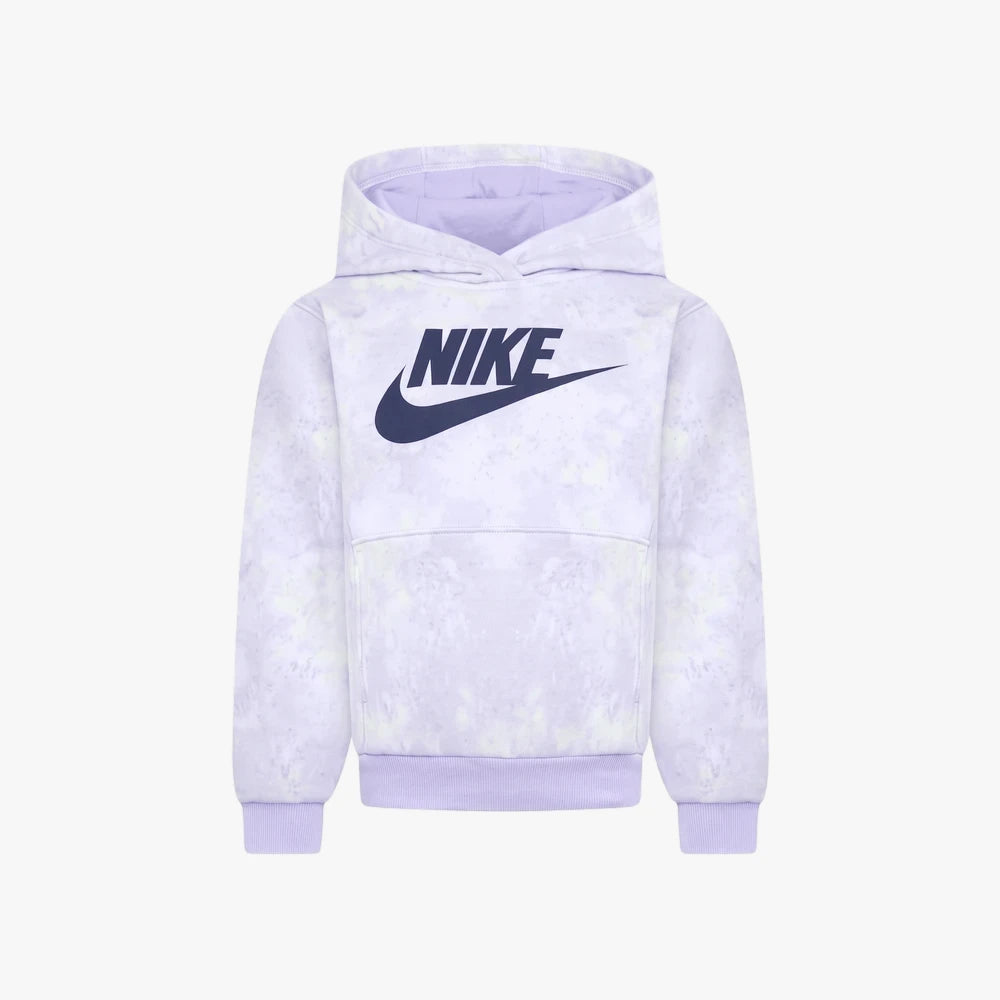Nike Girls Printed Club Hoody in barley grape light purple with a speckled pattern and a dark blue Nike swoosh logo on the