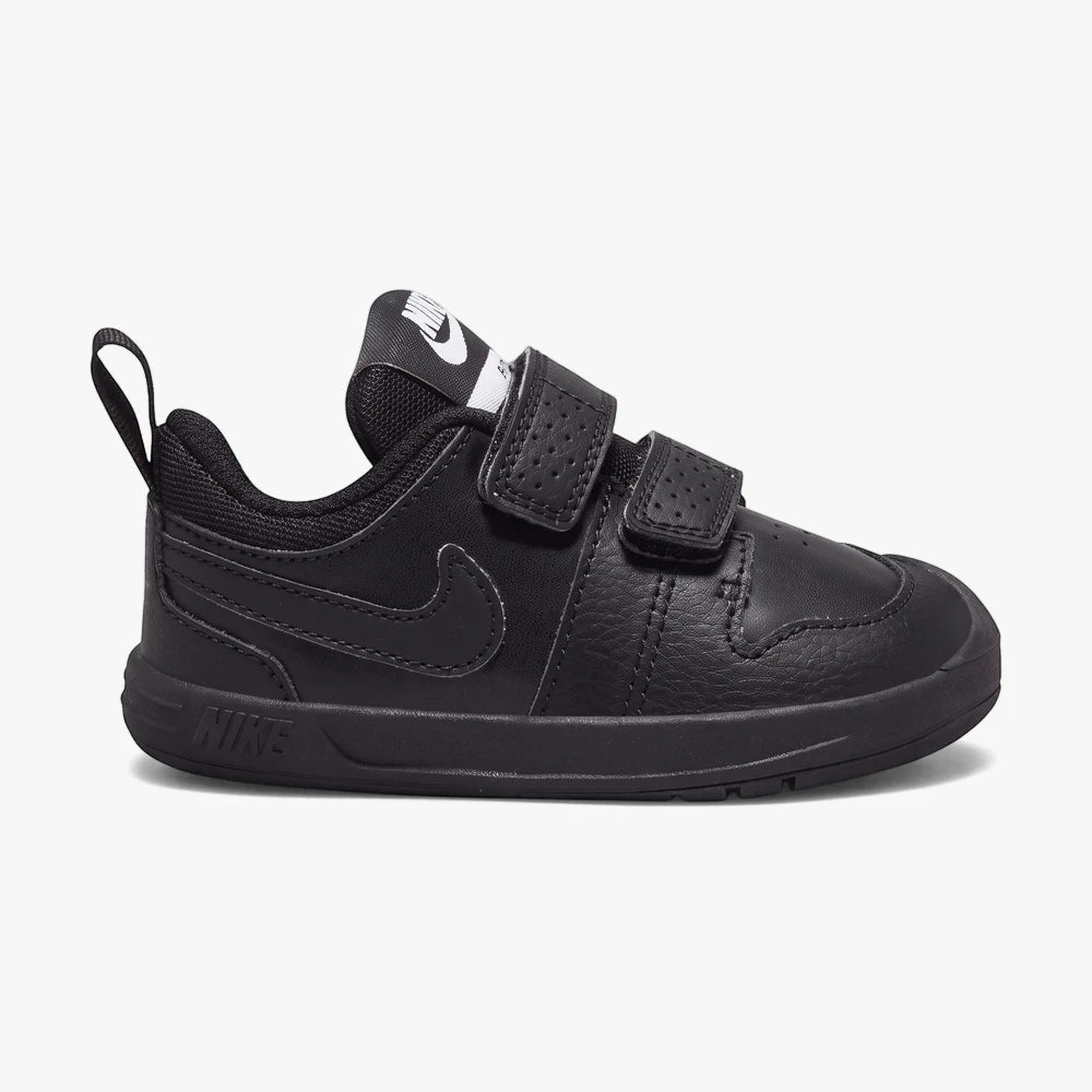 Nike Infant Pico 5 Sneaker in black for toddlers with two adjustable Velcro straps and a durable leather upper.