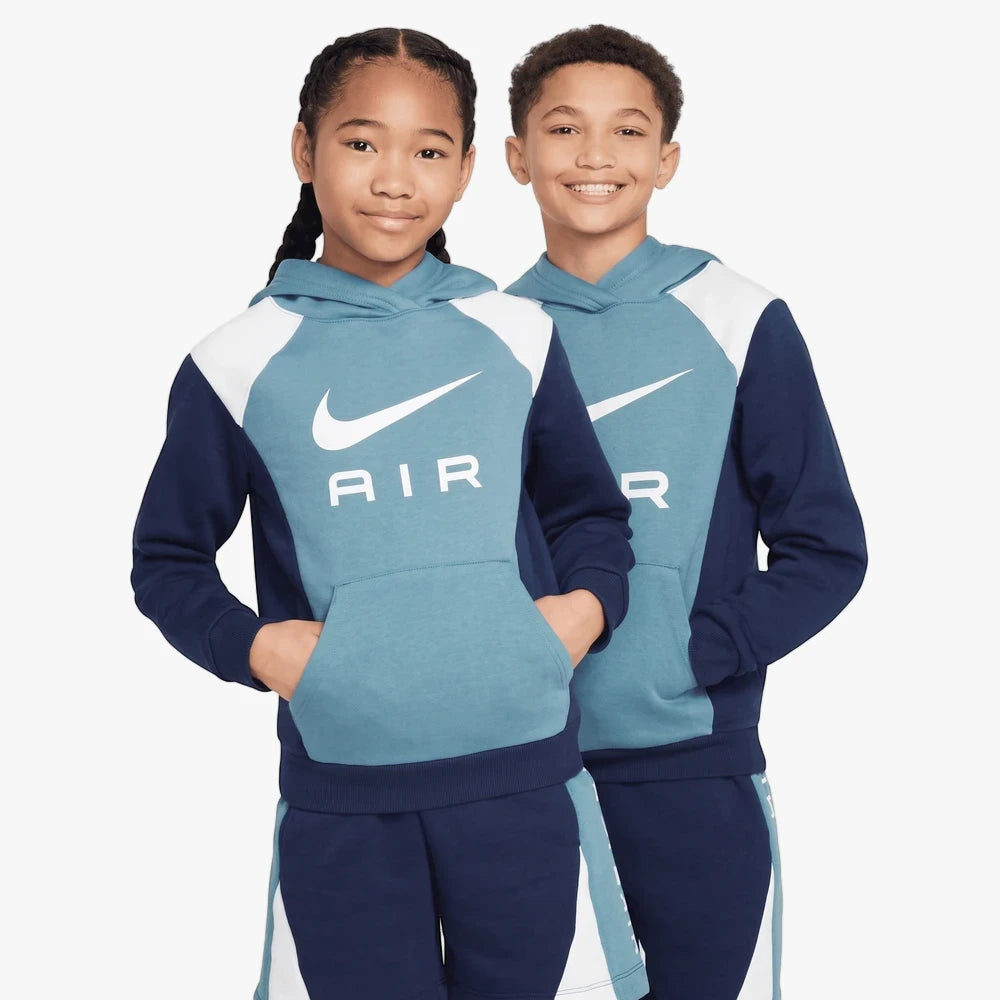 Two children wearing blue, navy, and white Nike Kids Air Cb Hoodies and matching shorts, posed in a studio.