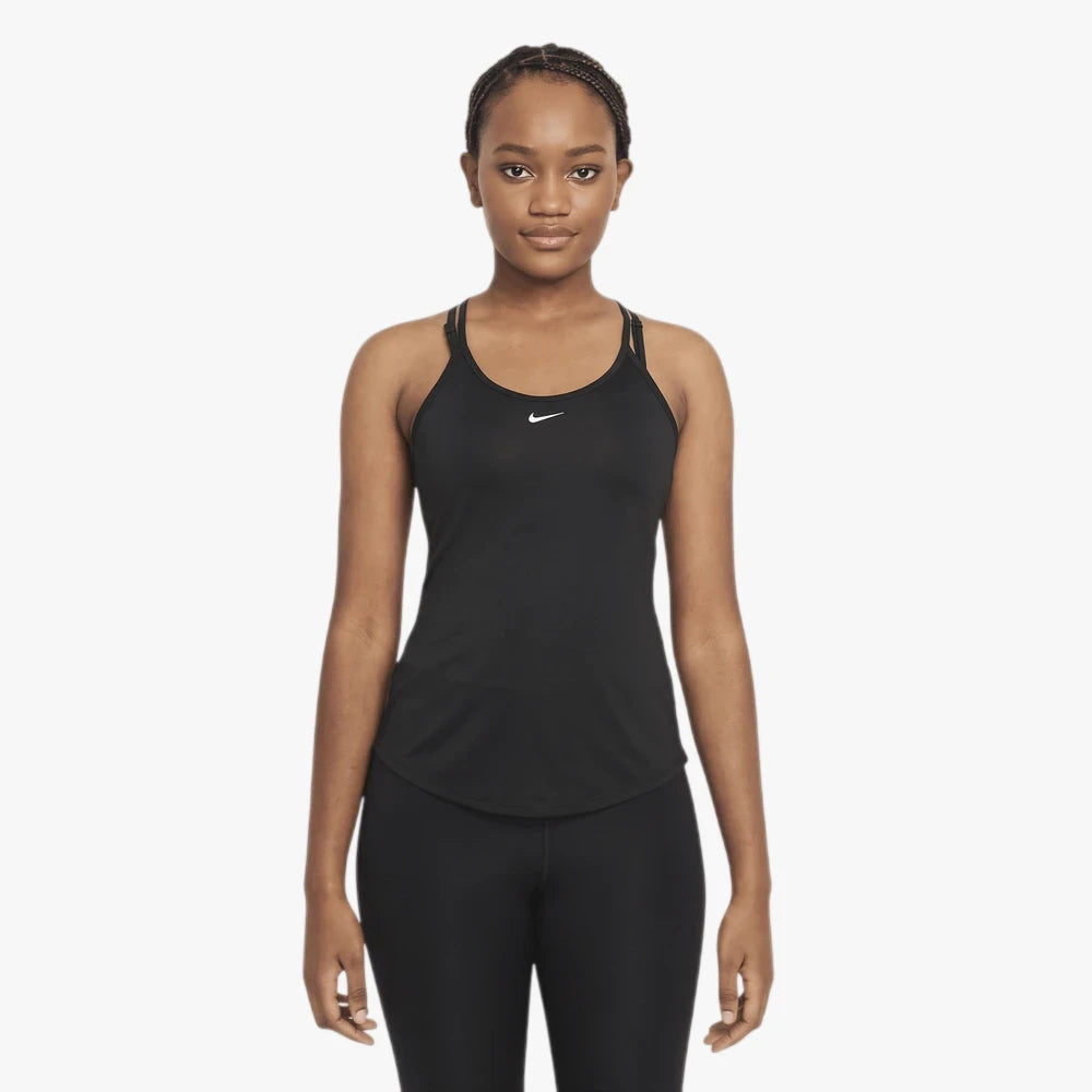 Nike Womens Dri-Fit One Elastika Standard Fit Tank Top in black, modeled from the front, showcasing activewear.