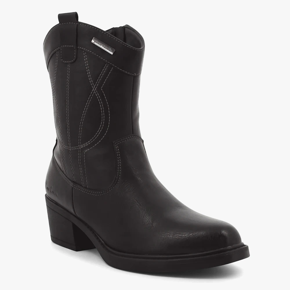 Pierre Cardin Womens Dallas Boot in black, featuring a Western-inspired design with decorative stitching and a sturdy block